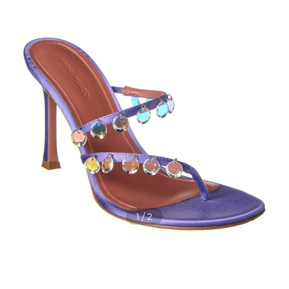 Amina Muaddi Purple Satin Jeweled Strappy Heels
